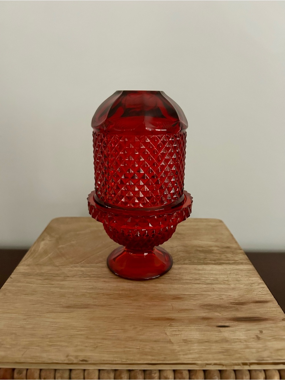 Vintage Viking Glass Ruby Red Diamond Point Fairy Lamp